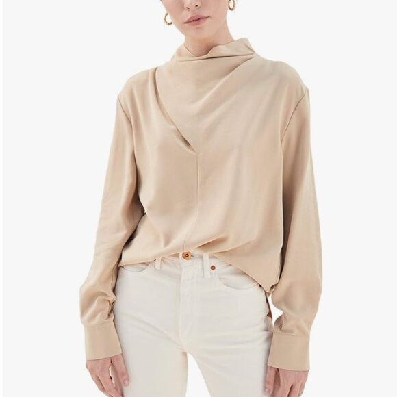 VINCE tan draped cowl neck long sleeve top - Picture 1 of 12